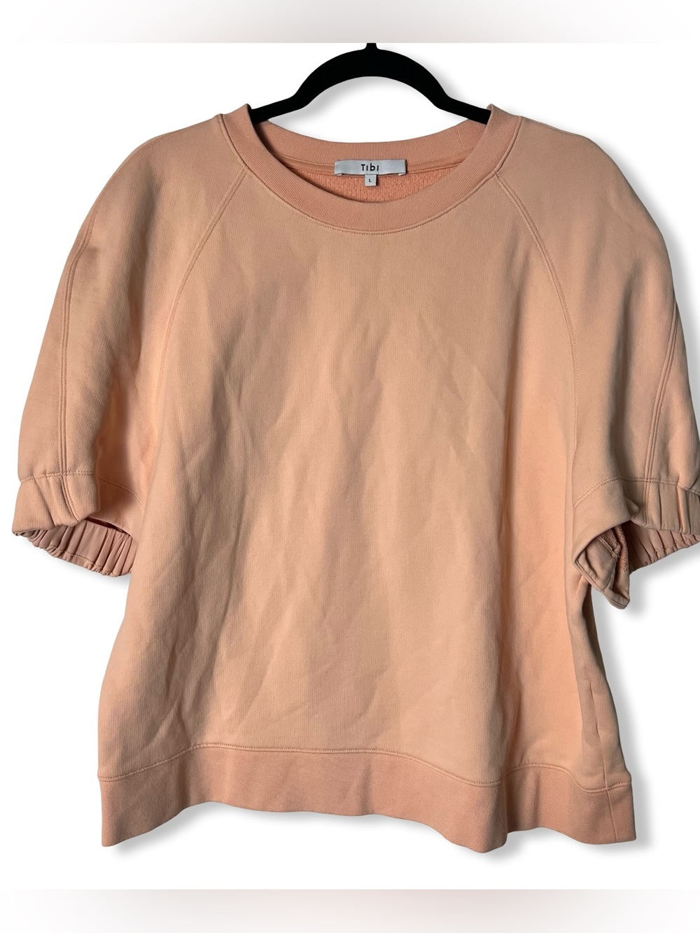 Tibi Sculpted Sleeve Sweatshirt Blush Peach Crewneck Puff Cuff Crop Top Sz L